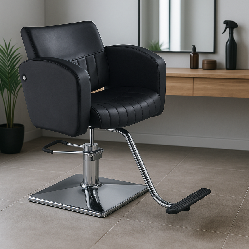 Modern Black Salon Chair with Hydraulic Pump Square Base and Footrest Hairdressing Barber Chair for Beauty Salon