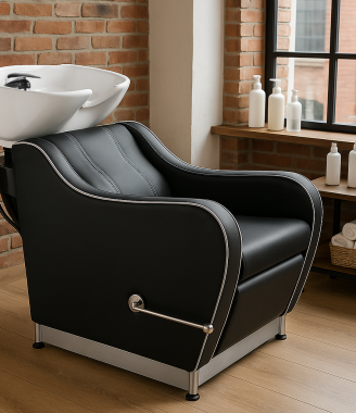 Luxury Barber Backwash Unit Black Leather Shampoo Chair with Chrome Armrest Reclining Wash Station for Salon Spa