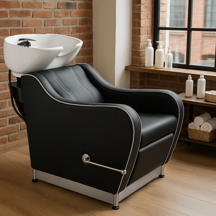 Luxury Barber Backwash Unit Black Leather Shampoo Chair with Chrome Armrest Reclining Wash Station for Salon Spa