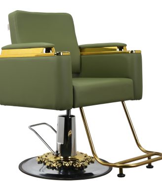 Luxury Hydraulic Barber Chair – Olive Green Leather with Gold Accents