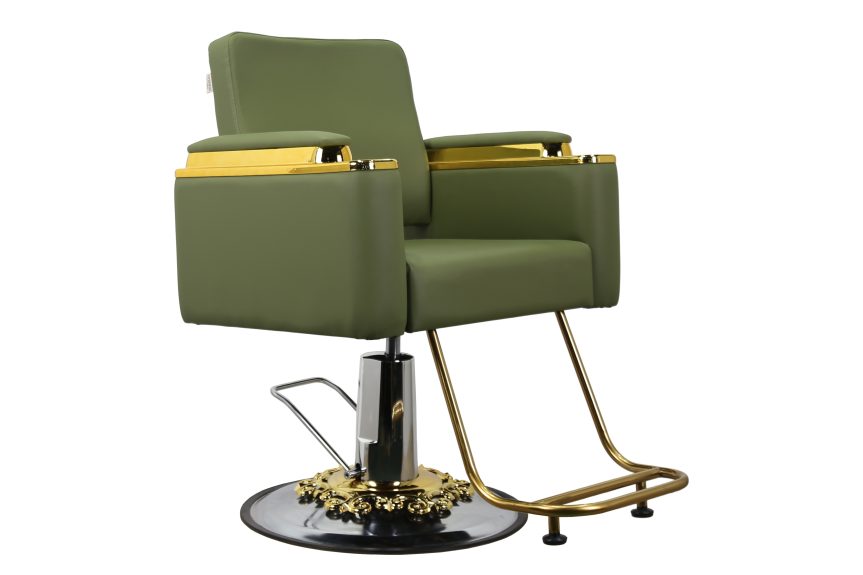 Luxury Hydraulic Barber Chair – Olive Green Leather with Gold Accents