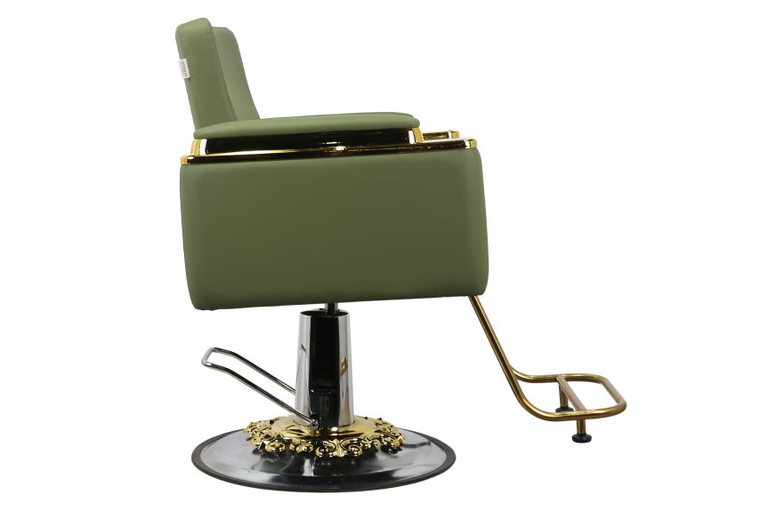 Luxury Hydraulic Barber Chair – Olive Green Leather with Gold Accents - 图片 3