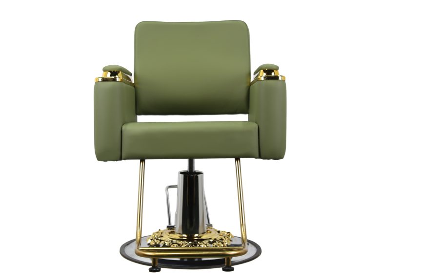 Luxury Hydraulic Barber Chair – Olive Green Leather with Gold Accents - 图片 2