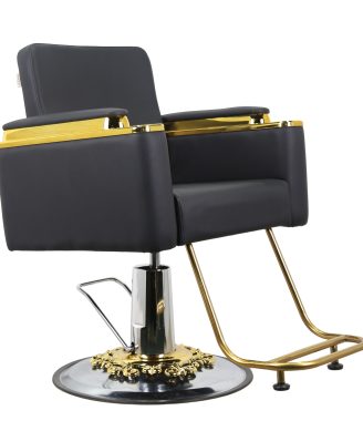 Modern Hydraulic Barber Chair – Black Leather with Gold Detailing
