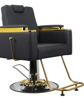 Premium Reclining Barber Chair – Black Leather with Gold Trim & Hydraulic Base