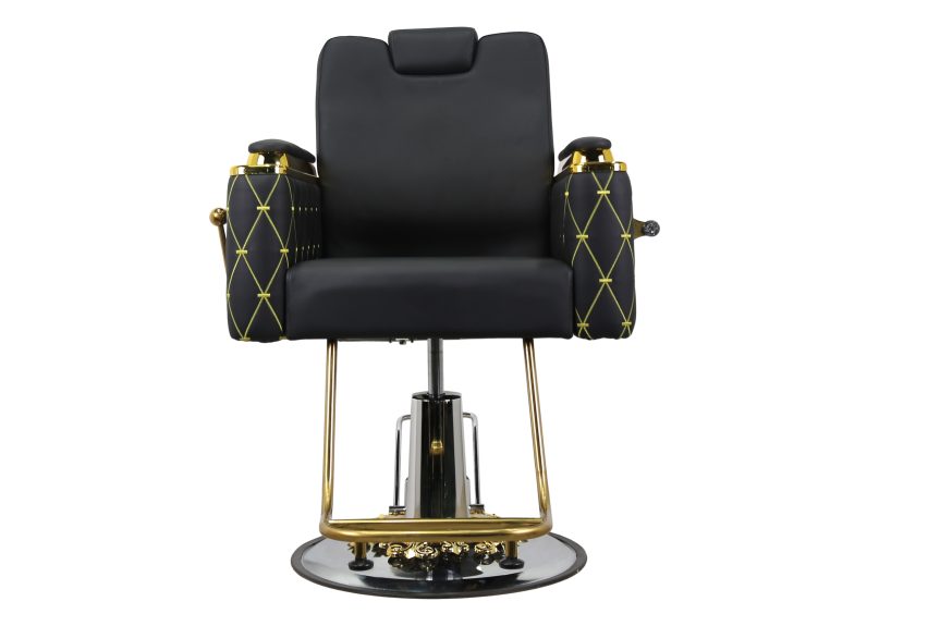 Luxury Quilted Barber Chair - Black Leather with Gold Stitching and Hydraulic Base - 图片 2
