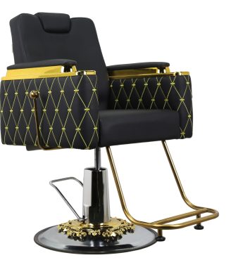 Luxury Quilted Barber Chair - Black Leather with Gold Stitching and Hydraulic Base