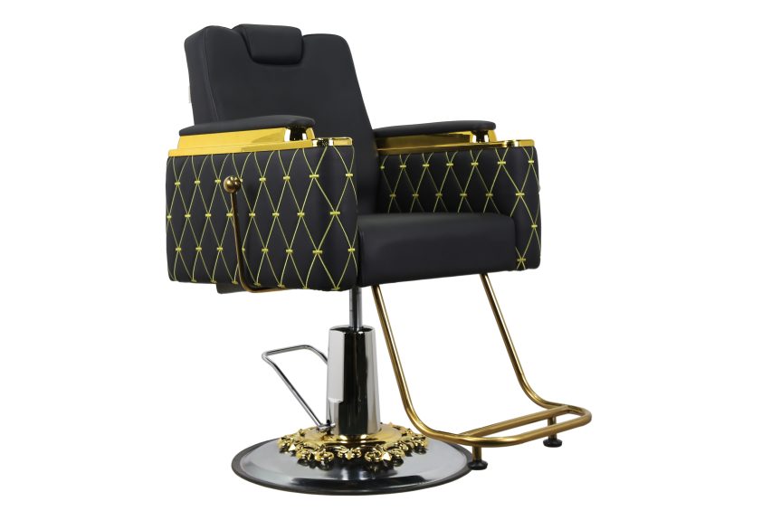 Luxury Quilted Barber Chair - Black Leather with Gold Stitching and Hydraulic Base