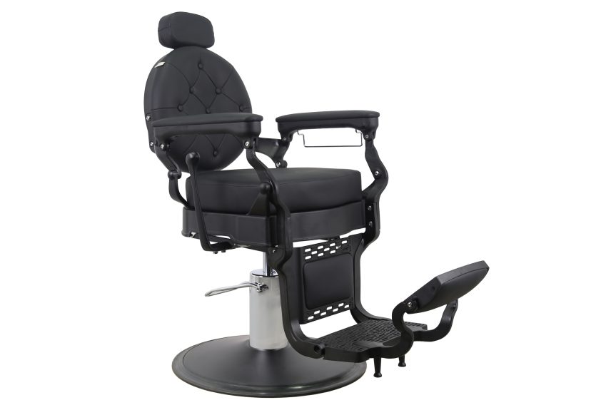 Vintage Hydraulic Barber Chair – All Black Leather with Adjustable Headrest