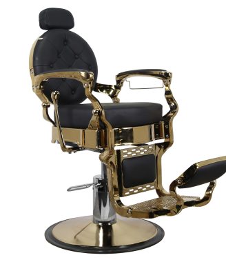 Luxury Retro Barber Chair – Tufted Black Leather with Polished Gold Finish