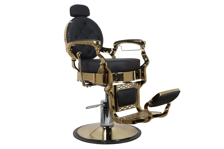Luxury Retro Barber Chair – Tufted Black Leather with Polished Gold Finish