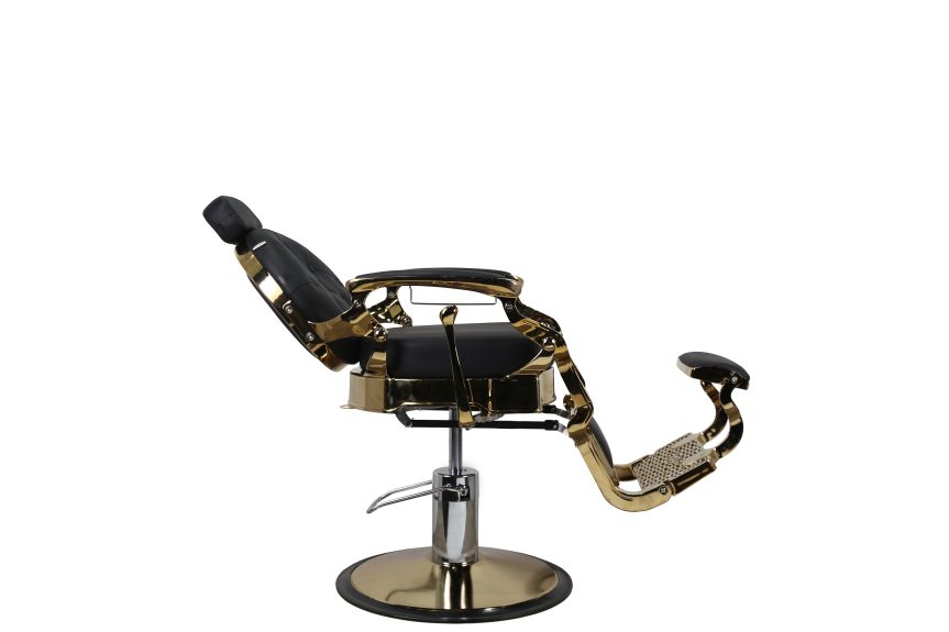 Luxury Retro Barber Chair – Tufted Black Leather with Polished Gold Finish - 图片 3