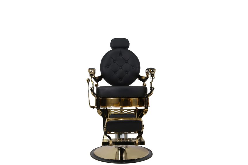 Luxury Retro Barber Chair – Tufted Black Leather with Polished Gold Finish - 图片 4