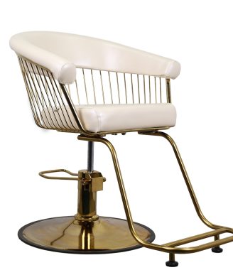 Modern Salon Chair – White Leather with Gold Wire Frame & Hydraulic Base
