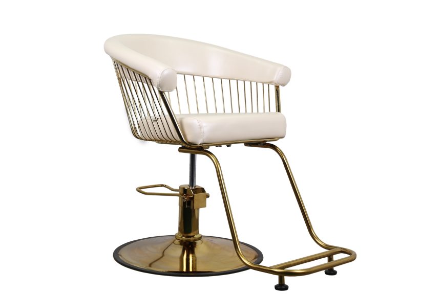 Modern Salon Chair – White Leather with Gold Wire Frame & Hydraulic Base