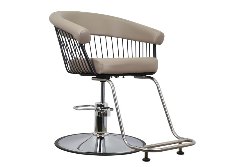 Modern Salon Chair – Beige Leather with Black Wire Frame & Chrome Base