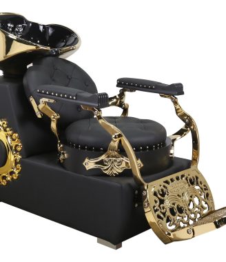 Luxury Barber Shampoo Unit – Black Leather with Gold Accents & Reclining Chair
