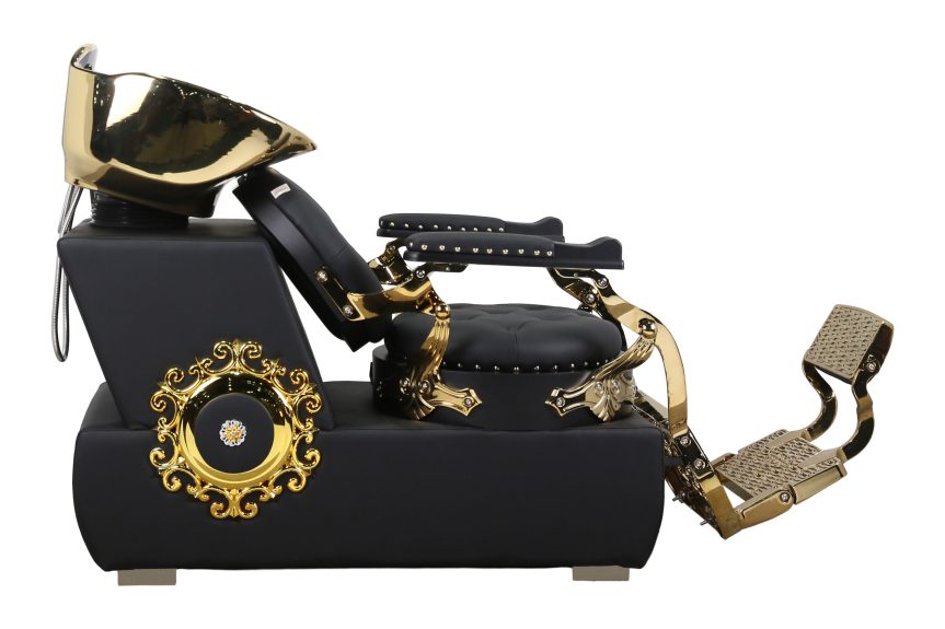 Luxury Barber Shampoo Unit – Black Leather with Gold Accents & Reclining Chair - 图片 3