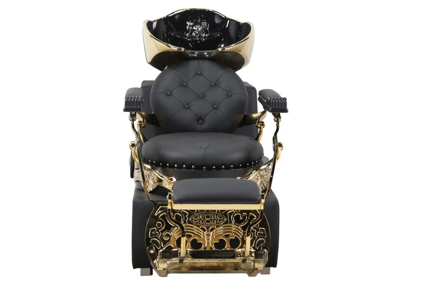 Luxury Barber Shampoo Unit – Black Leather with Gold Accents & Reclining Chair - 图片 2
