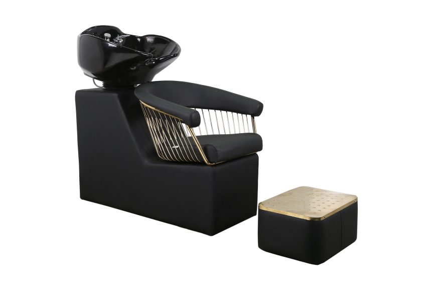 Luxury Backwash Station – Contemporary Black Upholstery with Golden Details