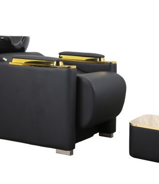 Luxury Double Shampoo Unit – Black Leather with Gold Armrests & Footrest