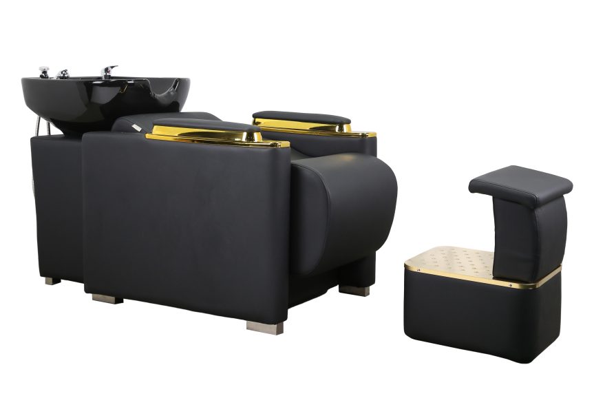 Luxury Double Shampoo Unit – Black Leather with Gold Armrests & Footrest