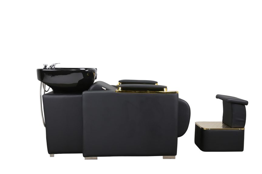 Luxury Double Shampoo Unit – Black Leather with Gold Armrests & Footrest - 图片 2