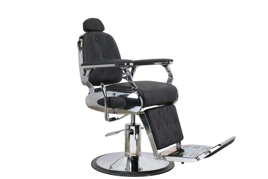 Classic Reclining Barber Chair with Chrome Base and Adjustable Headrest