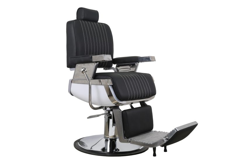 Retro Striped Hydraulic Barber Chair with Reclining Back and Adjustable Headrest
